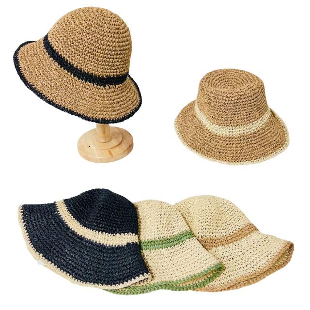 Women's Crocheted Straw HAT [Bold Stripe]